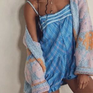 Intimately Free People Crush & Blush Bubble Romper  Blue Plaid Romantic Lounge S